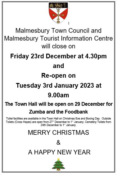 Malmesbury Town Council & Tourist Information Centre - Opening Times over Christmas Period